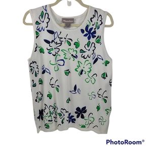NWT Tanjay White Floral Sleeveless TANK Sweater Women's Medium Green & Blue